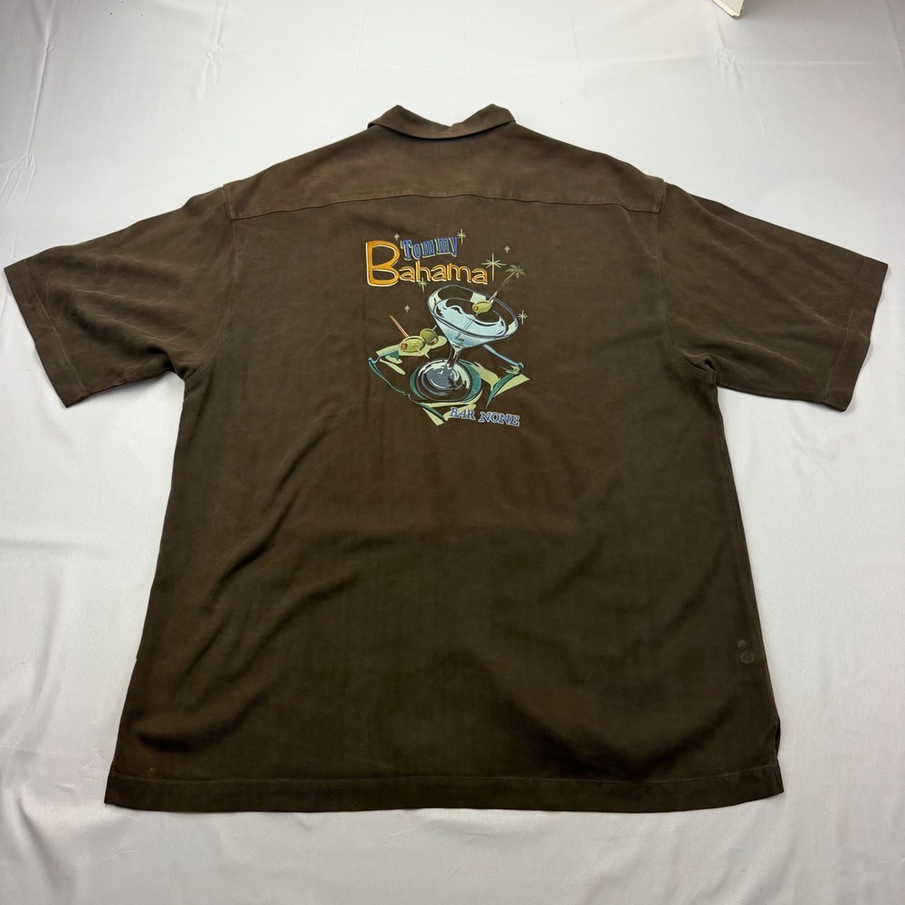 Tommy Bahama Button Down Mens XL Brown Silk Martini Bar None Embroidered Shirt